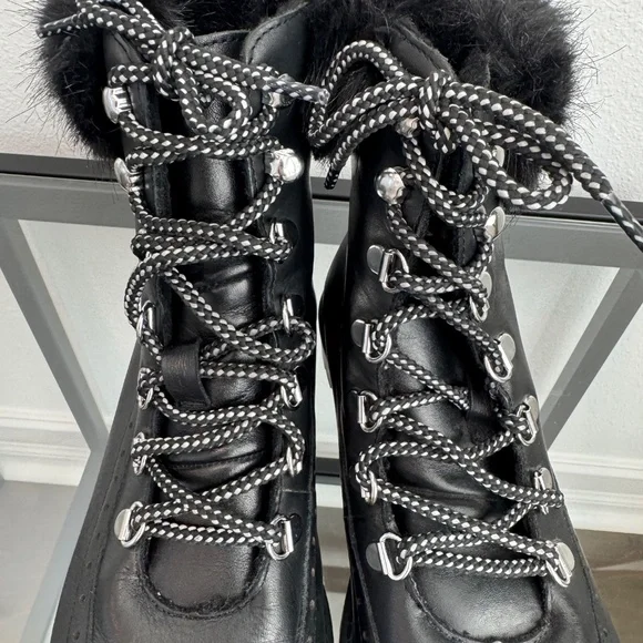 CHARLES DAVID Leather Black Combat Boots Faux Fur Trim Size 8 - Picture 5 of 14